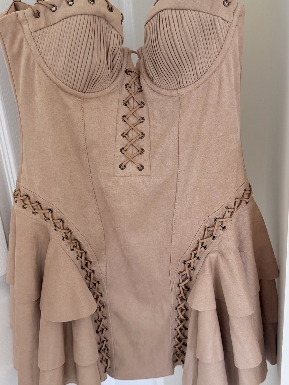 Oh Polly Beige Lace-Up Bustier Mini Dress - Picture 2 of 7